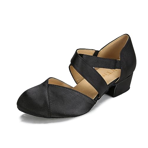 YYTing Women Swing Latin Ballroom Dance Shoes Closed Toe Suede Sole Elastic Closure 15 inch Heel YT268Black - Image 1