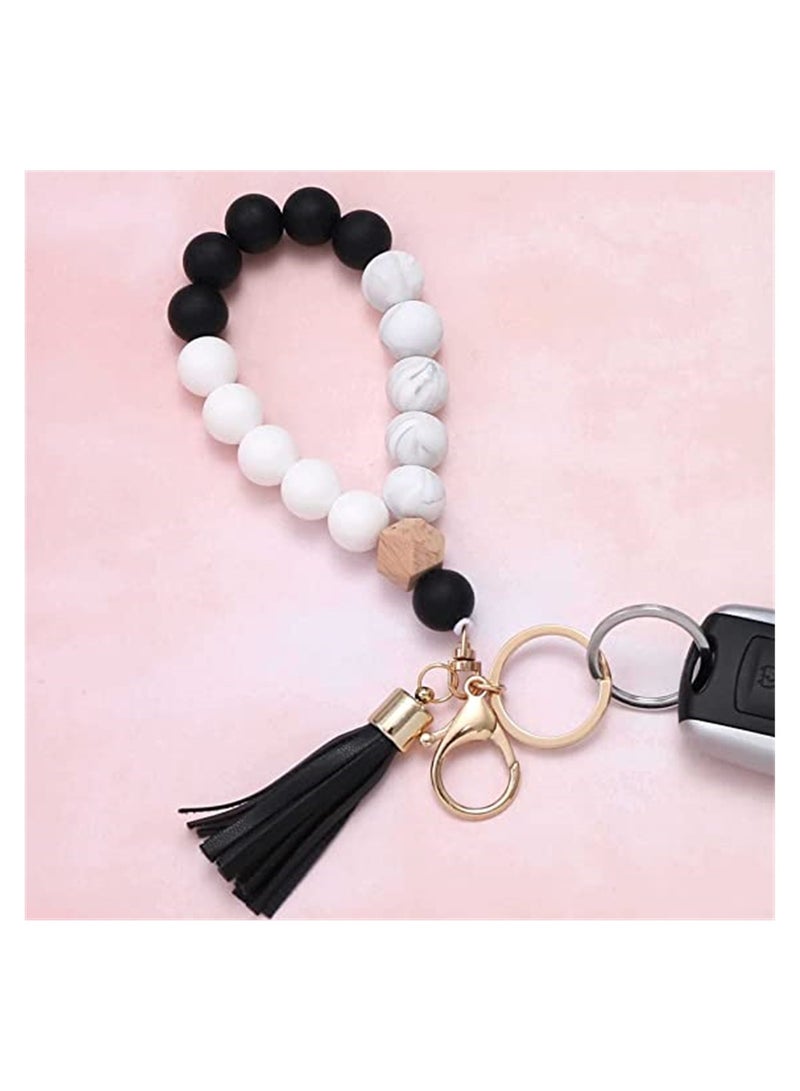 Stylish Silicone Key Ring  Bracelet Wristlet Keychain, Unique Beaded Bangle for Women with Chic Leather Tassel - Image 2