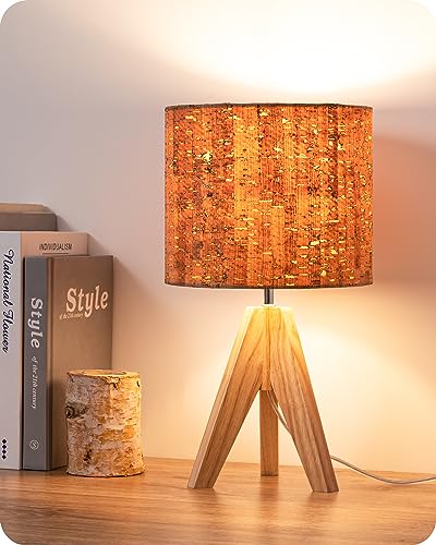 EDISHINE Small Table Lamp Wooden Tripod Nightstand Lamp with Bark Linen Shade Farmhouse Bedside Lamp for Nursery Bedroom Kids Room Office Reading Desk 142 Inch E26 Socket ONOff Switch - Image 1
