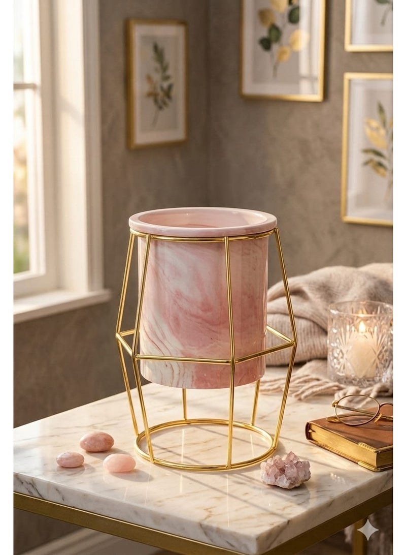 Porcelain Pink Vase, Gold Holder, Hexagonal Shape - Image 1