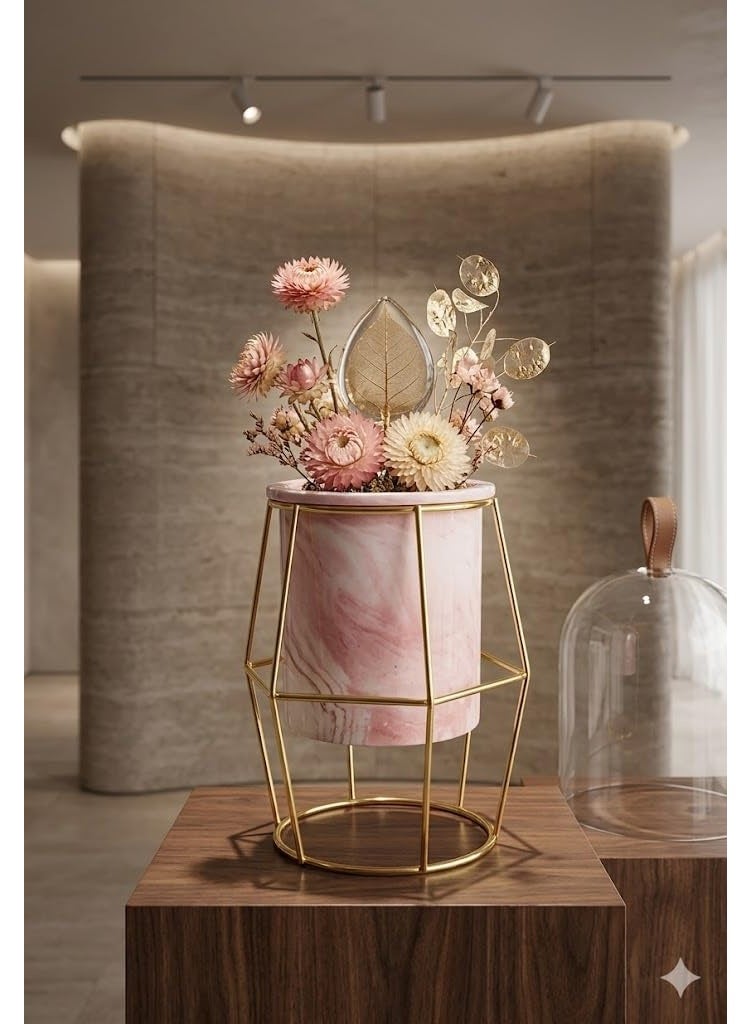 Porcelain Pink Vase, Gold Holder, Hexagonal Shape - Image 2