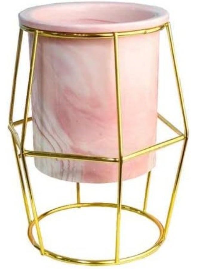 Porcelain Pink Vase, Gold Holder, Hexagonal Shape - Image 3