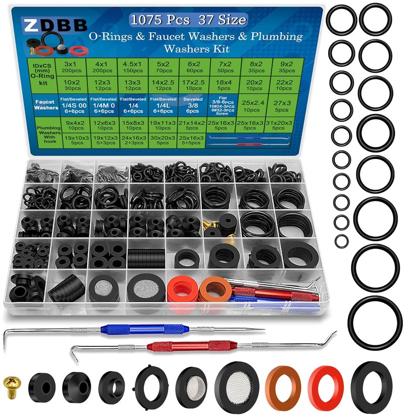 ZDBB 1075 Pcs 3-in-1 Spigot Repair Washers & Hose Gasket & Faucet O-Rings Kit 37 Size Plumbing Rubber Washers Assortment Set for Kitchen Faucet Outdoor Hose Bib Water Spigot Seal Repair - Image 1
