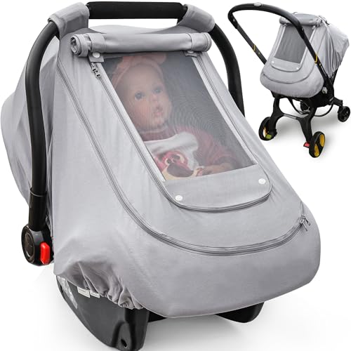 YVMVDV Baby Car Seat Cover for Summer/Spring,100% Organic Cotton Carseat Cover for Babies,Infant Car Seat Cover Canopy for Boys& Girls, Lightweight & Breathable (Gray) - Image 1