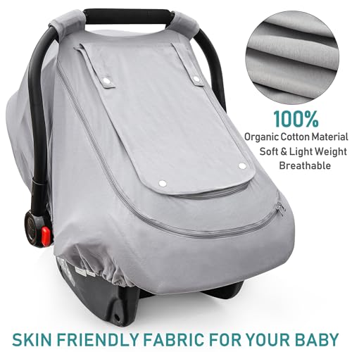 YVMVDV Baby Car Seat Cover for Summer/Spring,100% Organic Cotton Carseat Cover for Babies,Infant Car Seat Cover Canopy for Boys& Girls, Lightweight & Breathable (Gray) - Image 2