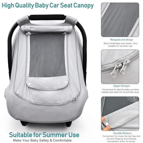 YVMVDV Baby Car Seat Cover for Summer/Spring,100% Organic Cotton Carseat Cover for Babies,Infant Car Seat Cover Canopy for Boys& Girls, Lightweight & Breathable (Gray) - Image 3