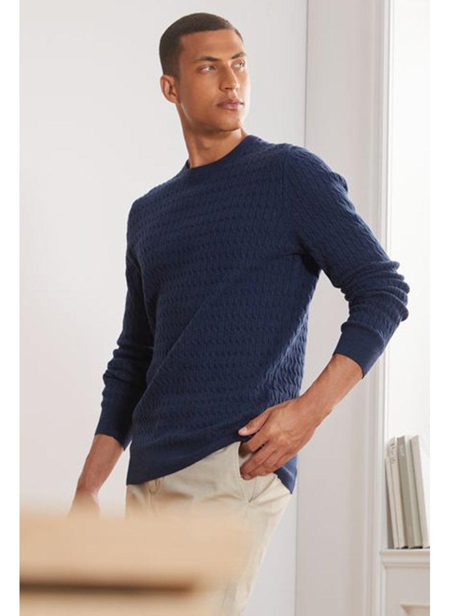Tchibo Men Crew Neck Cable Stitch Sweatshirt, Navy  - Image 1