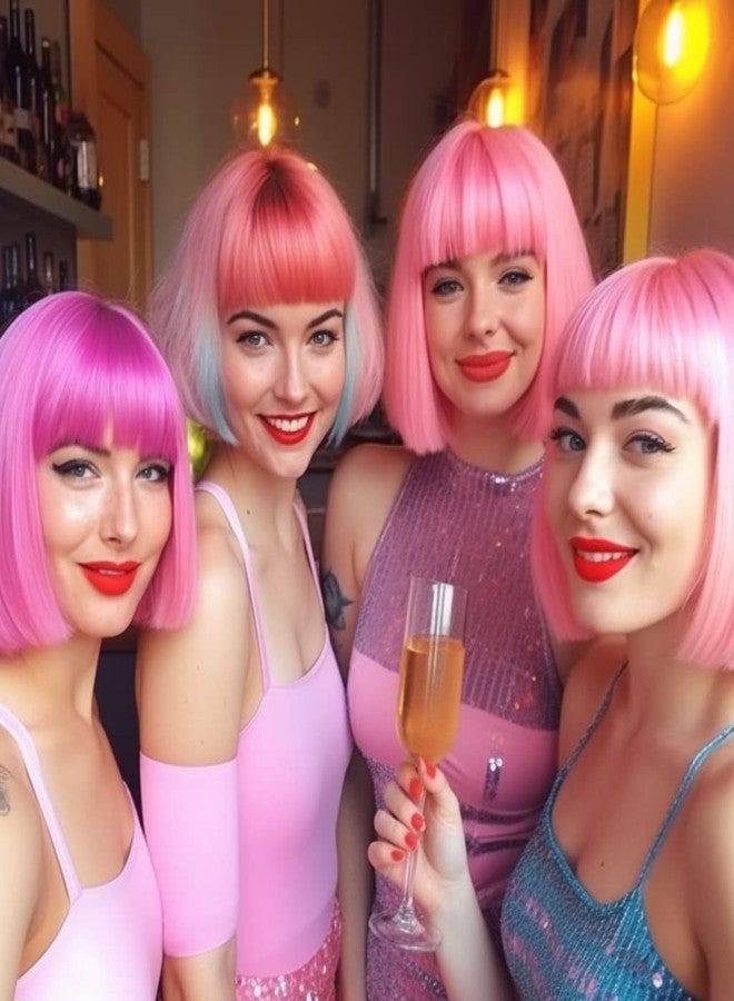 LIULIUBTY Short Bob Hair Wigs Straight with Flat Bangs Synthetic Colorful Cosplay Daily Party Neon Wig for Women + Free Wig Cap 12" Natural As Real (Cute Pink) - Image 4