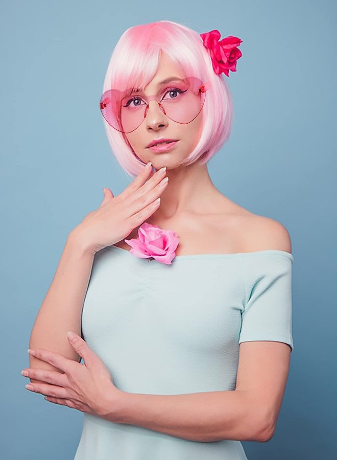 LIULIUBTY Short Bob Hair Wigs Straight with Flat Bangs Synthetic Colorful Cosplay Daily Party Neon Wig for Women + Free Wig Cap 12" Natural As Real (Cute Pink) - Image 3