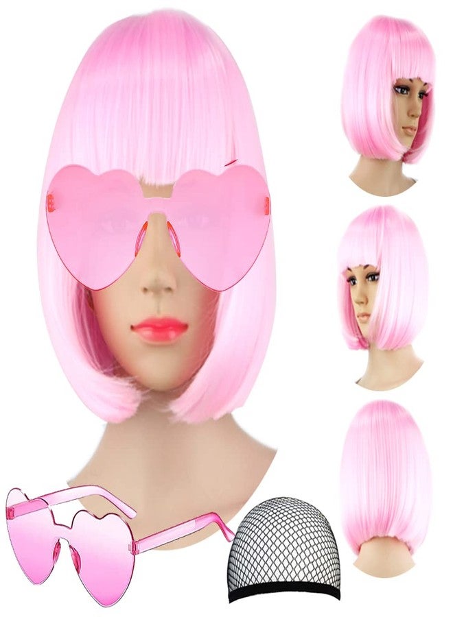 LIULIUBTY Short Bob Hair Wigs Straight with Flat Bangs Synthetic Colorful Cosplay Daily Party Neon Wig for Women + Free Wig Cap 12" Natural As Real (Cute Pink) - Image 1