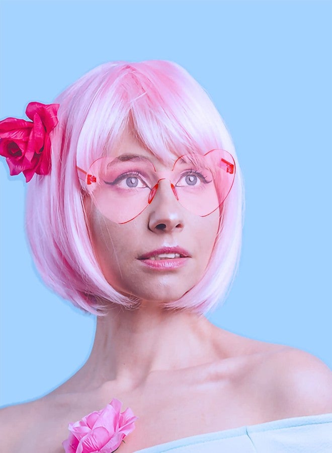 LIULIUBTY Short Bob Hair Wigs Straight with Flat Bangs Synthetic Colorful Cosplay Daily Party Neon Wig for Women + Free Wig Cap 12" Natural As Real (Cute Pink) - Image 5