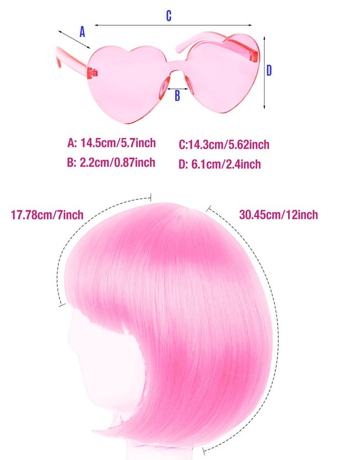 LIULIUBTY Short Bob Hair Wigs Straight with Flat Bangs Synthetic Colorful Cosplay Daily Party Neon Wig for Women + Free Wig Cap 12" Natural As Real (Cute Pink) - Image 2