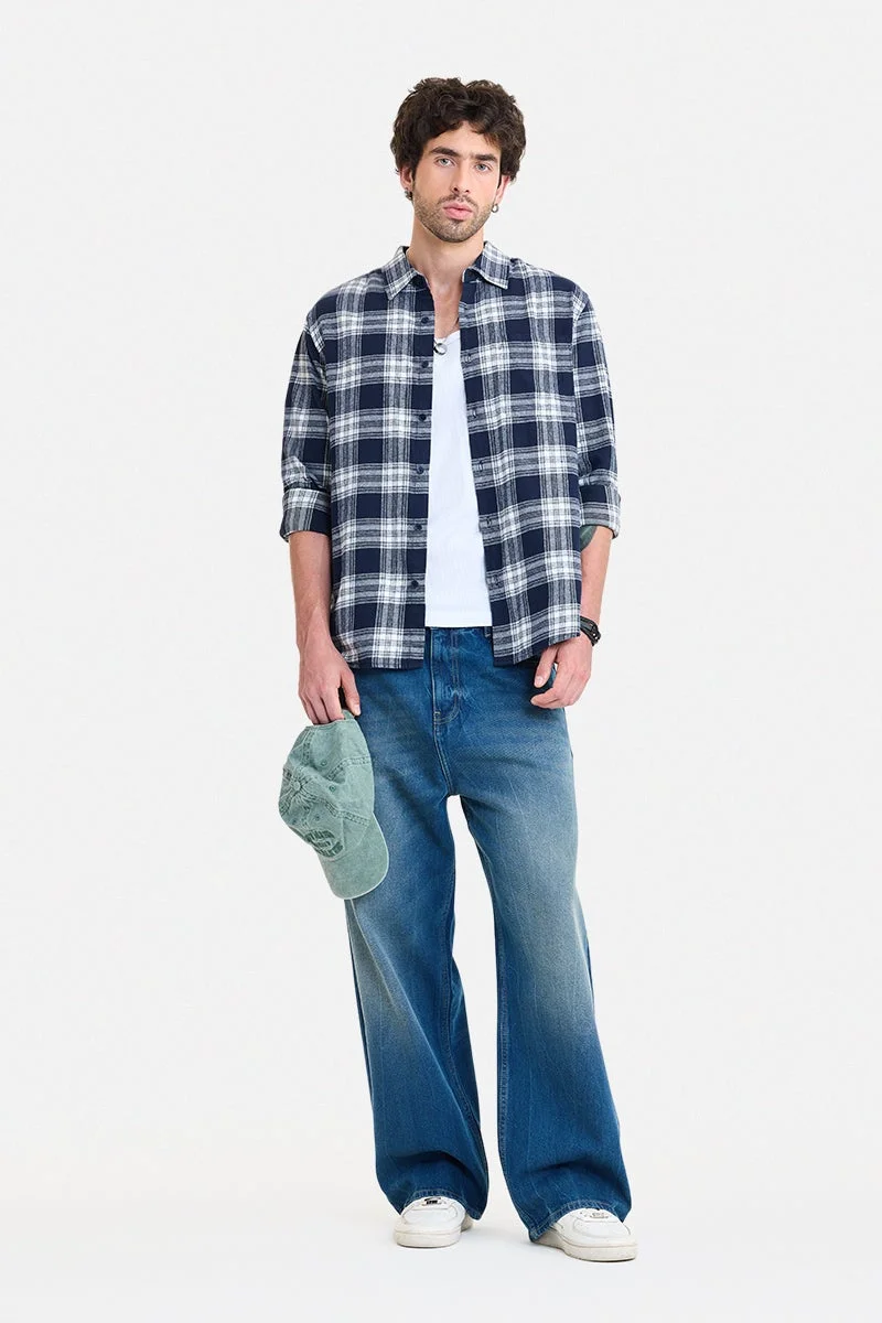 سنيتش Navy Blue Checkered Long Sleeve Regular Fit Shirt