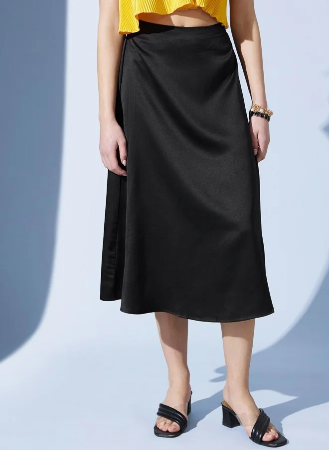 STREET 9 Black Satin A-Line Midi Skirt for Women