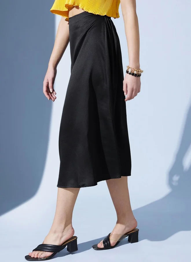 STREET 9 Black Satin A-Line Midi Skirt for Women