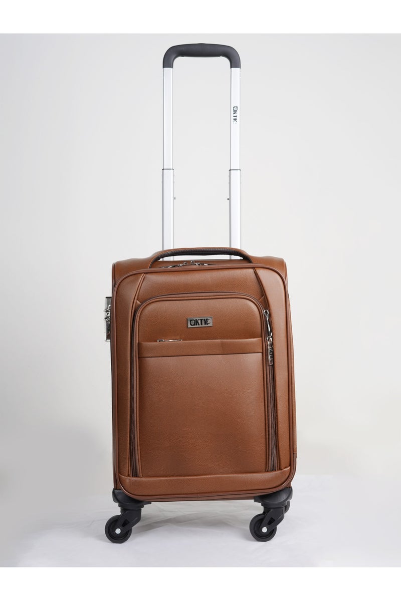 Cary-On Leather Luggage Lightweight Trolley Bag with 4 Spinner Wheels and Built in Combination Lock 17 inch Light Brown