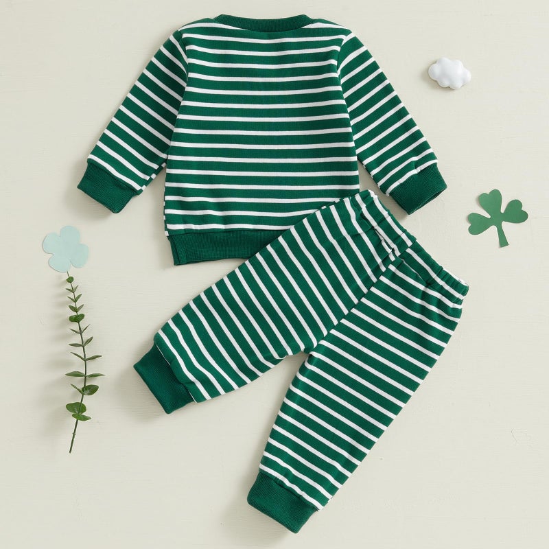 Karuedoo Infant Toddler Baby Boy Girl St. Patrick's Day Outfit Clover Embroidery Striped Long Sleeve Sweatshirt and Pants Set (Green, 12-18 Months) - Image 5