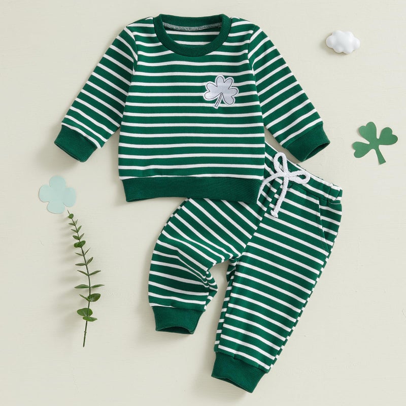 Karuedoo Infant Toddler Baby Boy Girl St. Patrick's Day Outfit Clover Embroidery Striped Long Sleeve Sweatshirt and Pants Set (Green, 12-18 Months) - Image 4