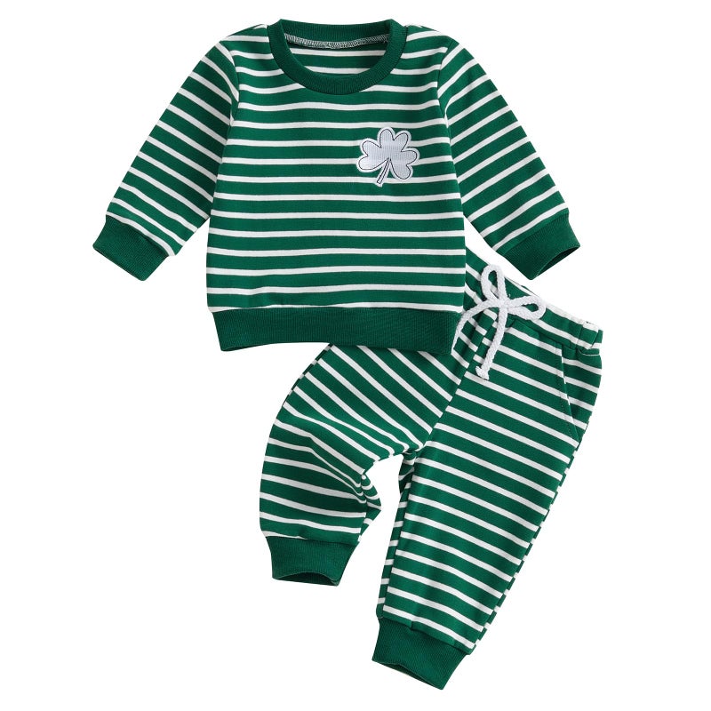 Karuedoo Infant Toddler Baby Boy Girl St. Patrick's Day Outfit Clover Embroidery Striped Long Sleeve Sweatshirt and Pants Set (Green, 12-18 Months) - Image 1