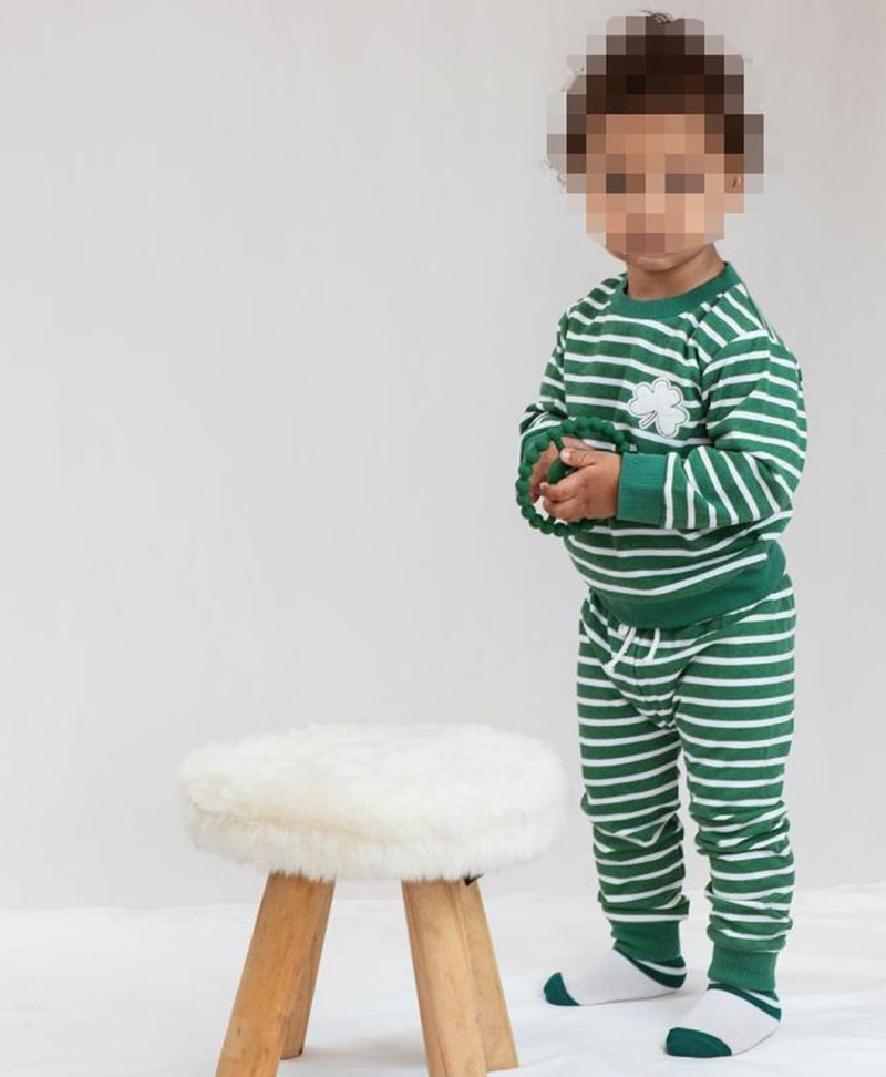 Karuedoo Infant Toddler Baby Boy Girl St. Patrick's Day Outfit Clover Embroidery Striped Long Sleeve Sweatshirt and Pants Set (Green, 12-18 Months) - Image 2