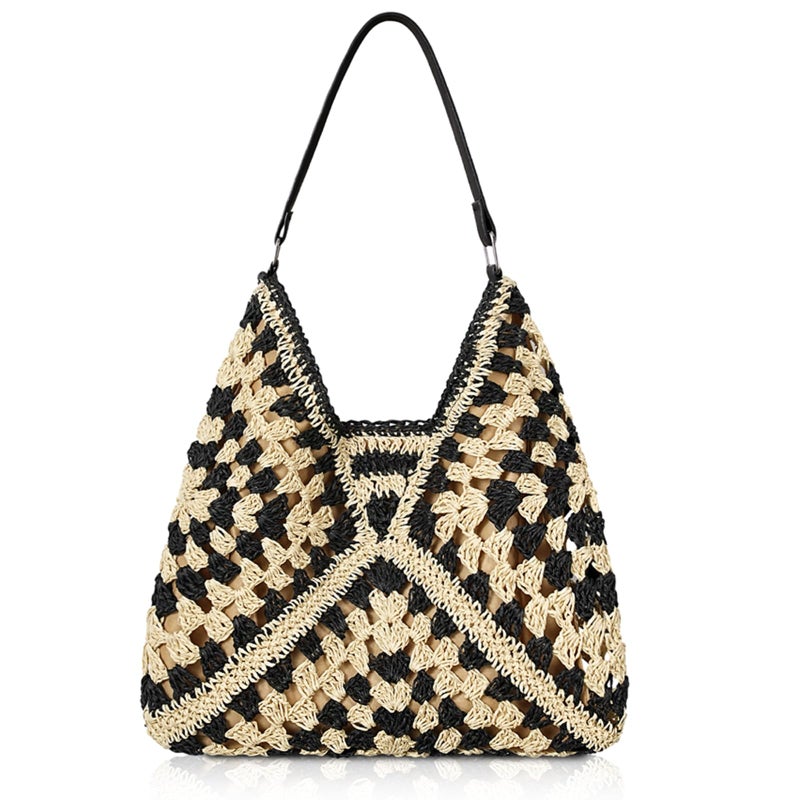 TOBEHIGHER Women's Crochet Tote Bag - Folding Mesh, Sand Prevention, Large Capacity, Black - Image 1