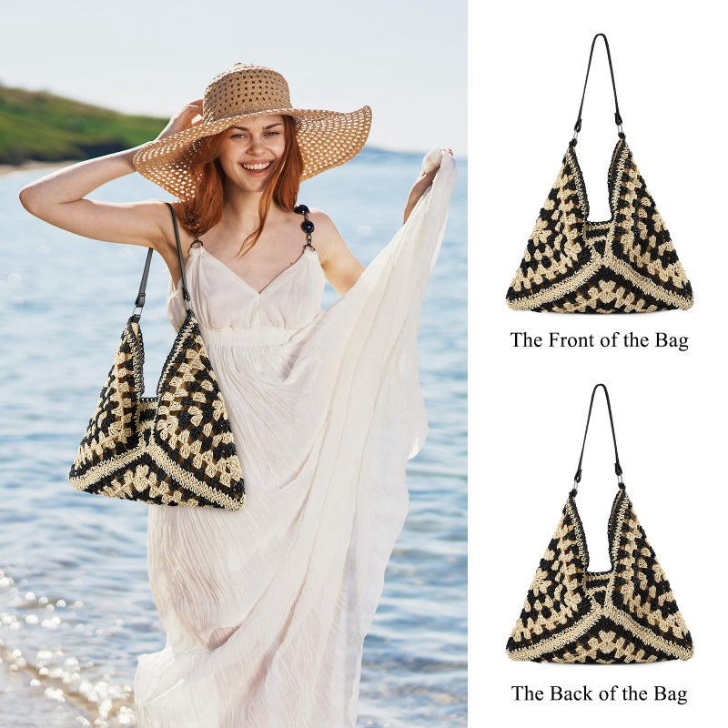 TOBEHIGHER Women's Crochet Tote Bag - Folding Mesh, Sand Prevention, Large Capacity, Black - Image 2
