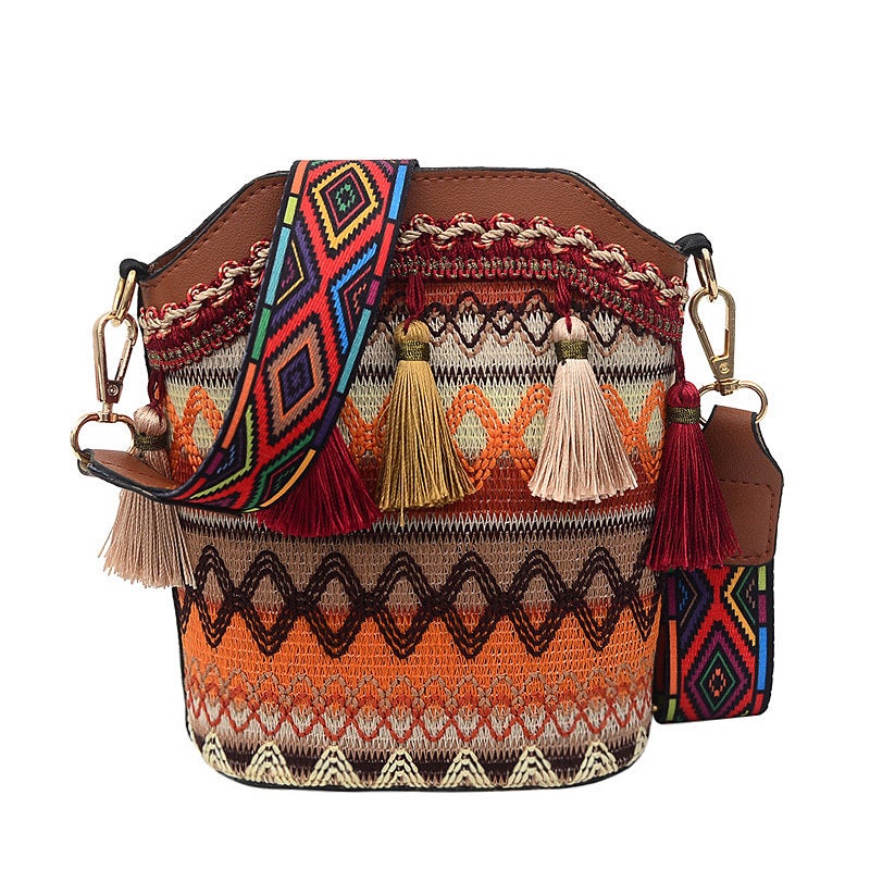 Women's Ethnic Woven Bucket Crossbody Bag with Tassel - Image 5