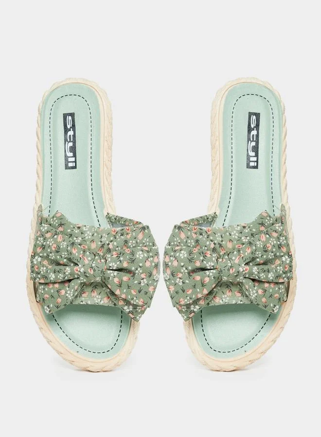 Styli Floral Print Bow Design Strap Flat Sandals