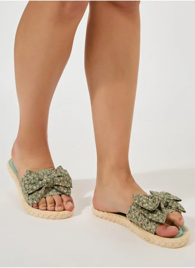 Styli Floral Print Bow Design Strap Flat Sandals