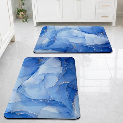 CANWAY® 2 Pieces 3.5mm Anti-Skid Water Soaking Marble Print Door Mat, Water Absorbent Mat (60x40cm) Blue - Image 1