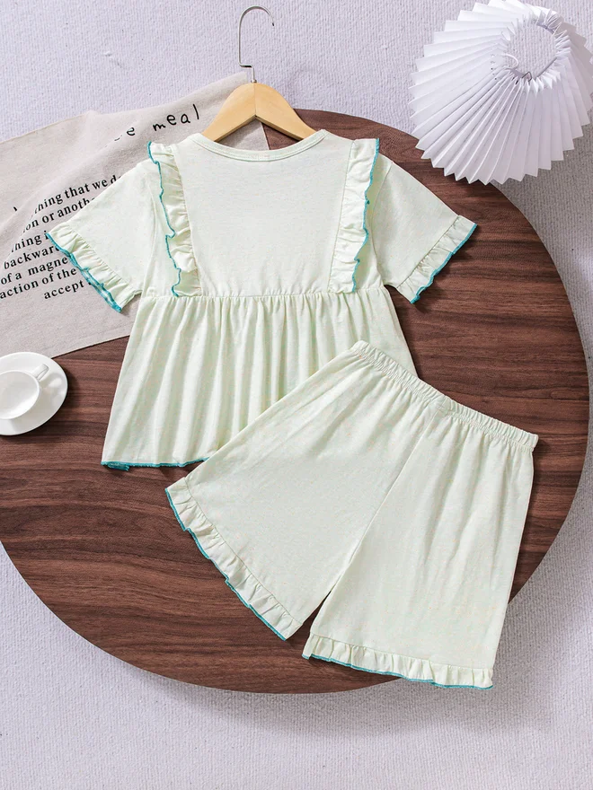 Take Two Girls Green Ruffle Trim Top And Shorts Pyjama Set