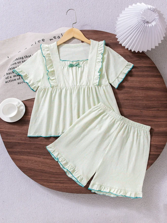 Take Two Girls Green Ruffle Trim Top And Shorts Pyjama Set