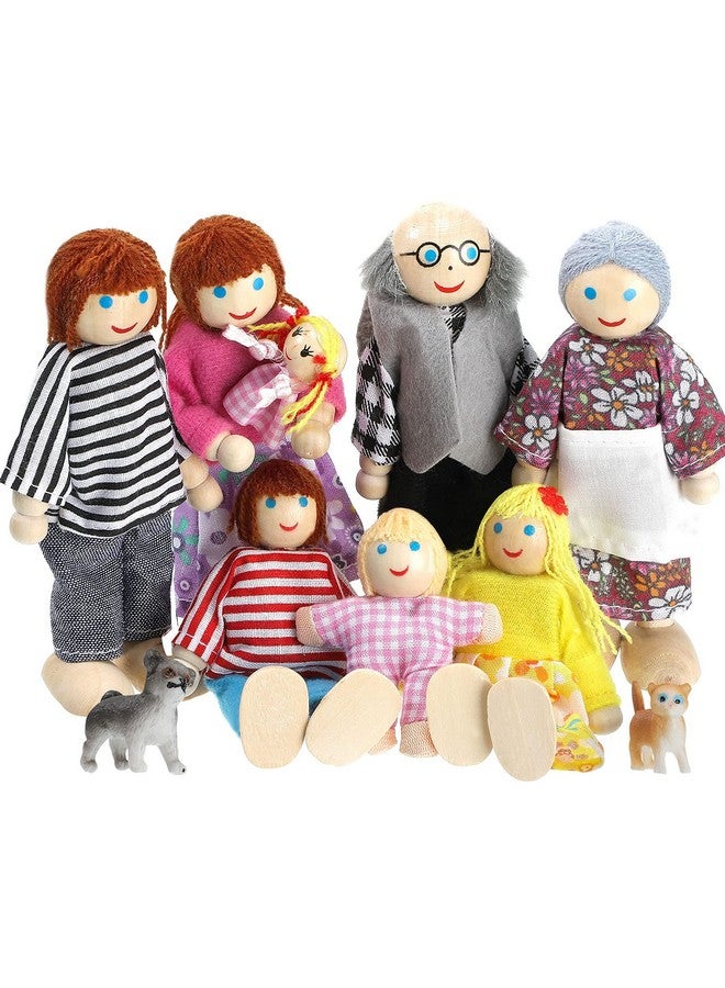 Skylety مجموعة مكونة من 10 قطع من دمى بيت الدمية الخشبية العائلية مكونة من 8 شخصيات صغيرة و2 دمية حيوان أليف، دمى خشبية للعائلة، ملحقات لبيت الدمية التظاهري (الطراز الكلاسيكي) - Image 2