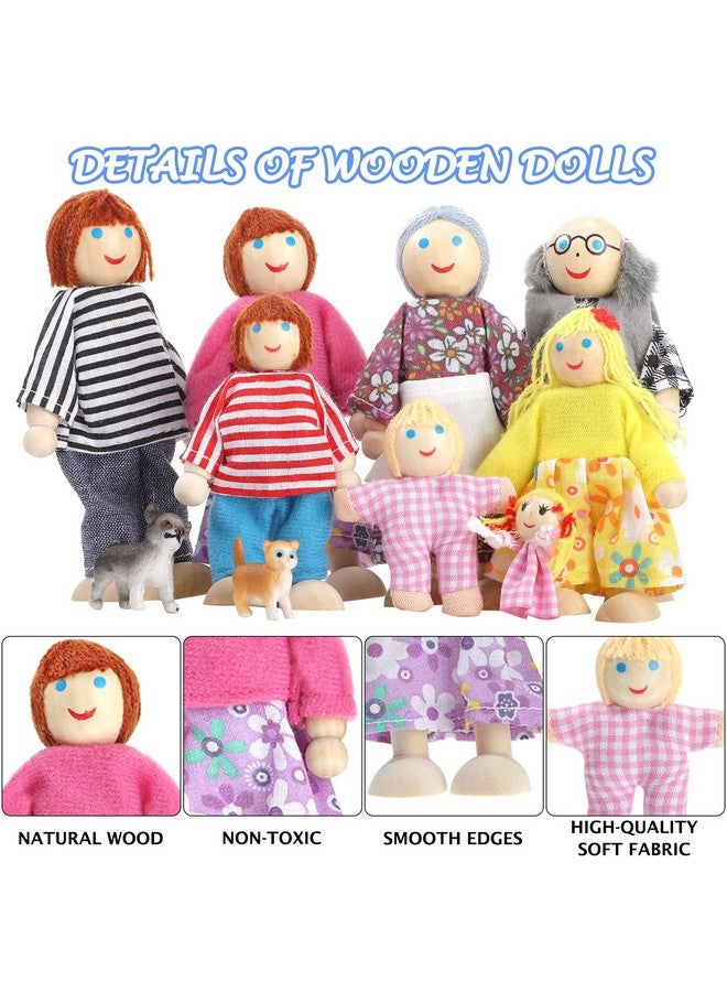 Skylety مجموعة مكونة من 10 قطع من دمى بيت الدمية الخشبية العائلية مكونة من 8 شخصيات صغيرة و2 دمية حيوان أليف، دمى خشبية للعائلة، ملحقات لبيت الدمية التظاهري (الطراز الكلاسيكي) - Image 4