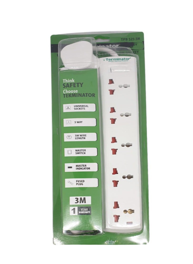 Terminator Universal Power Extension 5 Sockets 3Meter Cable - Image 1