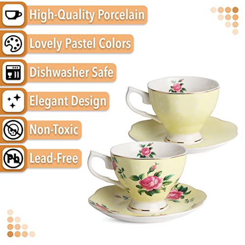 Brew To A Tea BTaT- Floral Tea Cups and Saucers Set of 2 (8 oz), Porcelain Tea Cup Sets, Pastel Yellow Color with Gold Trim, Dishwasher Safe - Image 4