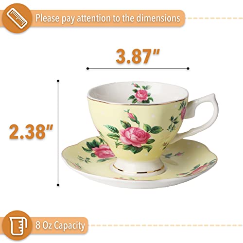 Brew To A Tea BTaT- Floral Tea Cups and Saucers Set of 2 (8 oz), Porcelain Tea Cup Sets, Pastel Yellow Color with Gold Trim, Dishwasher Safe - Image 3