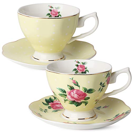 Brew To A Tea BTaT- Floral Tea Cups and Saucers Set of 2 (8 oz), Porcelain Tea Cup Sets, Pastel Yellow Color with Gold Trim, Dishwasher Safe - Image 1