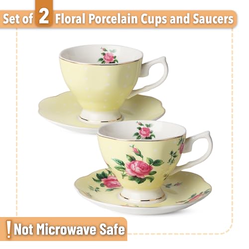 Brew To A Tea BTaT- Floral Tea Cups and Saucers Set of 2 (8 oz), Porcelain Tea Cup Sets, Pastel Yellow Color with Gold Trim, Dishwasher Safe - Image 2
