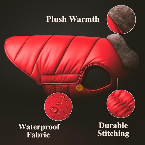 Sage Square Dog Jacket Winter Coat with Fur Collar, Light Weight, Ultra Warm Windproof, Waterproof Dog/Puppy Jacket for Cold Weather, Thicker Fleece (Red, Small - 12inch) - Image 3