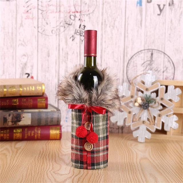 CORAL TREE CORAL TREE Christmas Santa Wine Bottle Cover for Table Decoration Check Print Christmas Wine Wrapping Pouch Set Of 2 Style 2  - Image 4