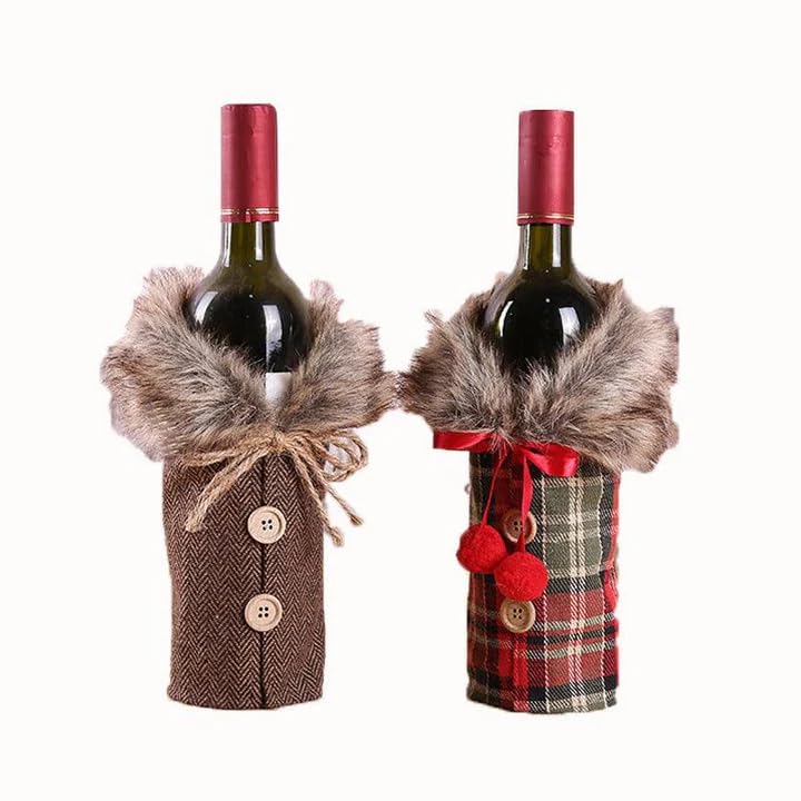 CORAL TREE CORAL TREE Christmas Santa Wine Bottle Cover for Table Decoration Check Print Christmas Wine Wrapping Pouch Set Of 2 Style 2  - Image 1