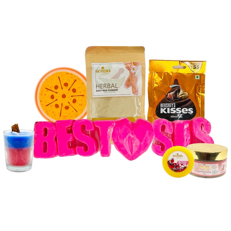 SCIIAN Gift Hamper | Diwali Gift Hamper for Sister | Gift for Sister | Diwali Gift | Bathing Sponge | Votive Candle | Rose Whipped Soap | Herbal Body Wax | Lip Gloss | Festival Gift Hamper - Image 1
