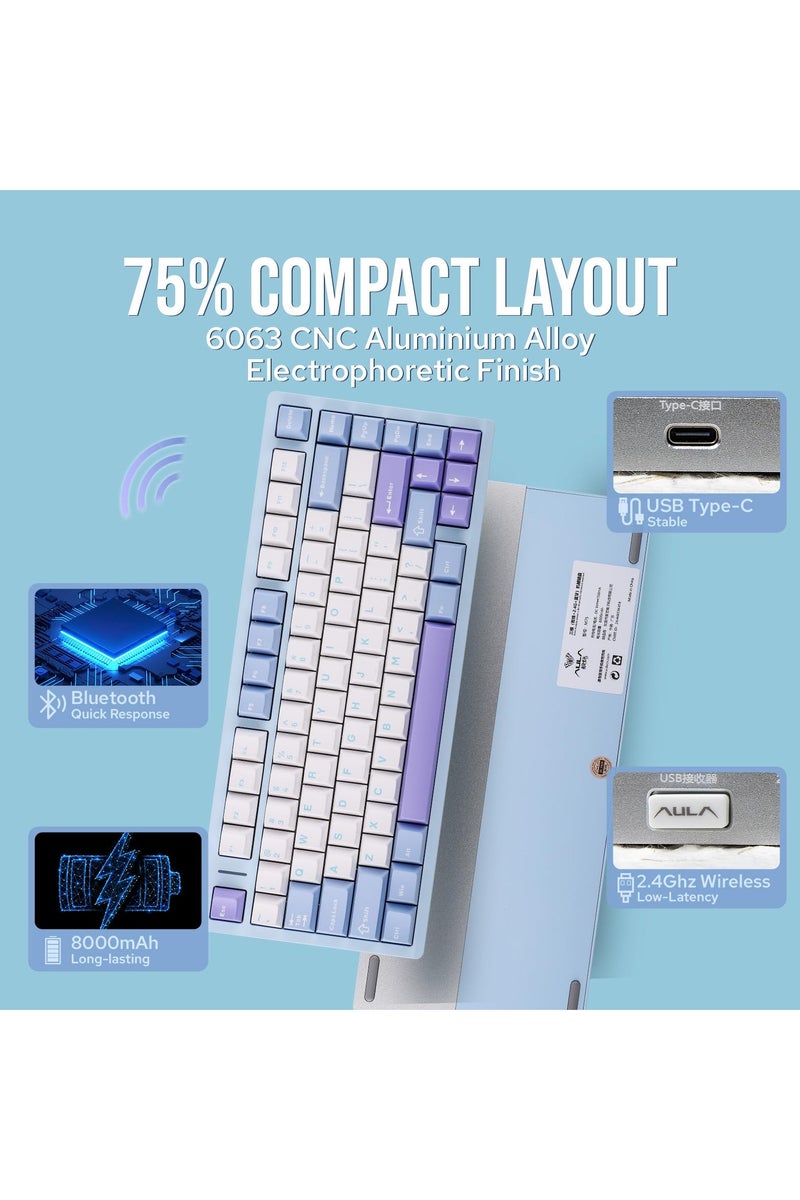 AULA M75 Wireless Gaming Keyboard with 8000mAh Battery, 75% CNC Aluminum Mechanical Keyboard, Hot Swappable Creamy Keyboard, RGB Backlight, NKRO for Games/Office - Image 3
