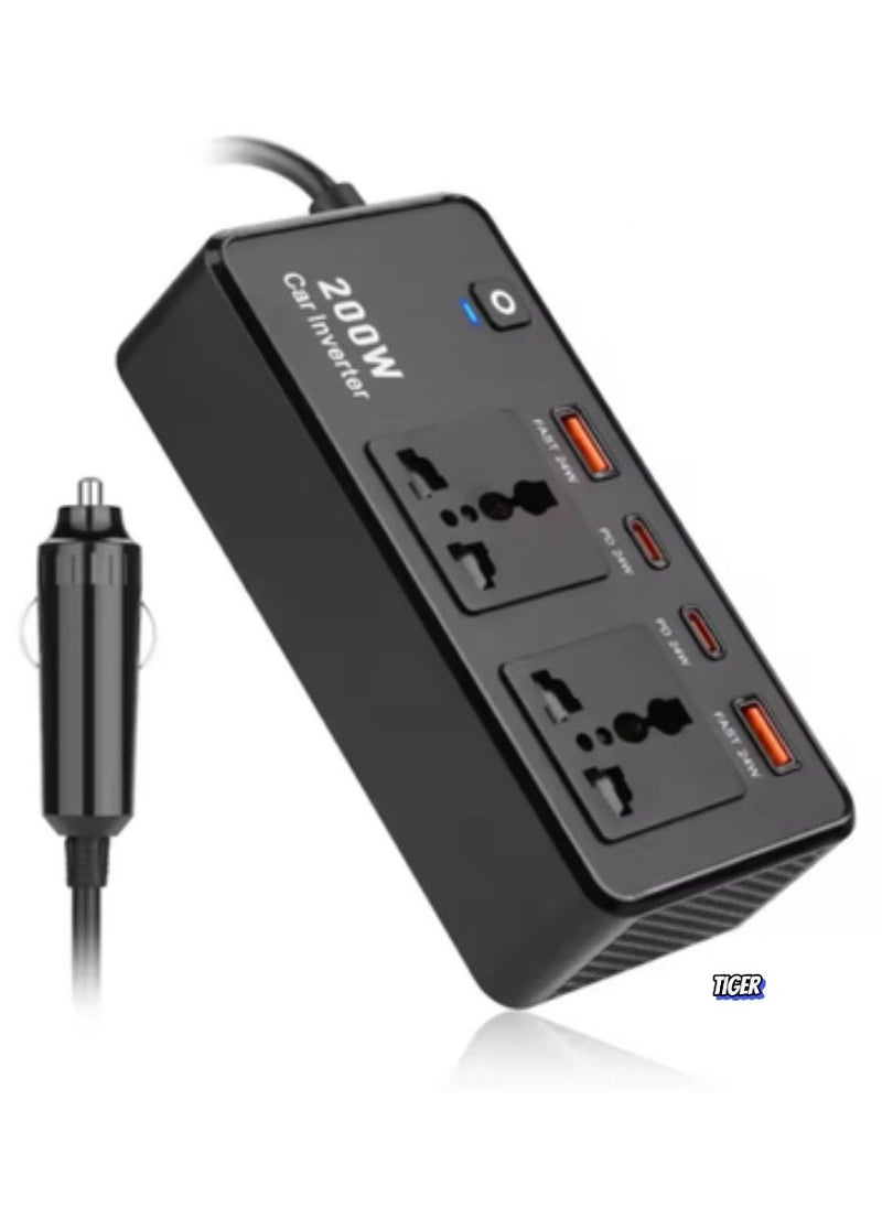 TIGER 200W Power Inverter Car Adapter from 12V to 220V for Electric Devices – USB Type-C and Universal Voltage Converter for Car, Compact and Portable Solution for Charging Laptops, Smartphones, and More - Image 3