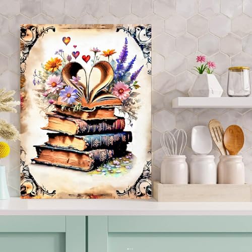Meothan 5D Diamond Painting Kits for Adults Book Flowers Diamond Art Kits for Adoults, DIY Full Round Paint with Diamond Art Dots Retro Gem Art Painting Crafts for Home Wall Decor 11.8x15.7inch - Image 2