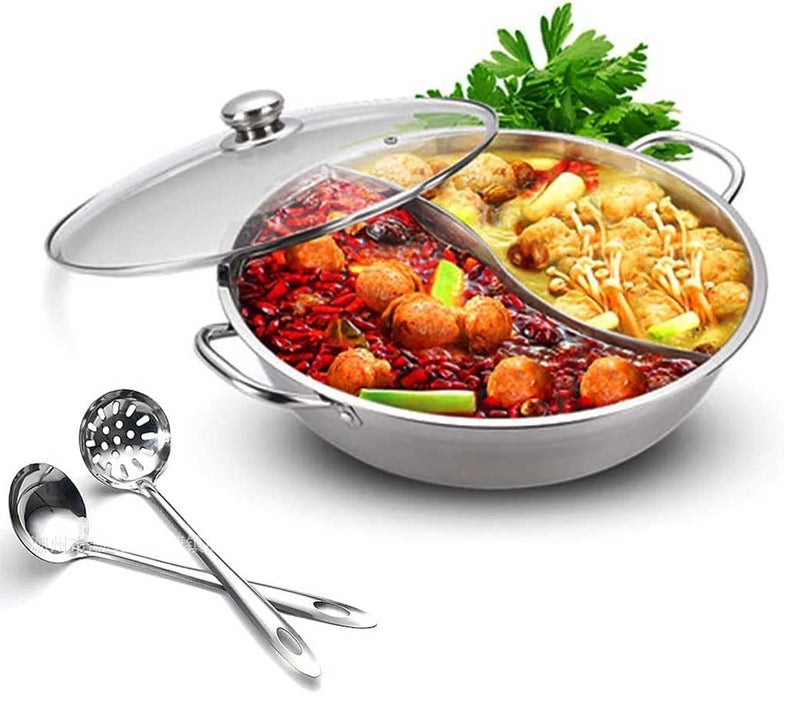 SERENITA مجموعة أواني الطهي من الفولاذ المقاوم للصدأ شابو شابو الفاخرة مع صينية ساخنة طباخ رامين شواء كوري متعدد الاستخدامات 11 وعاء مع فاصل