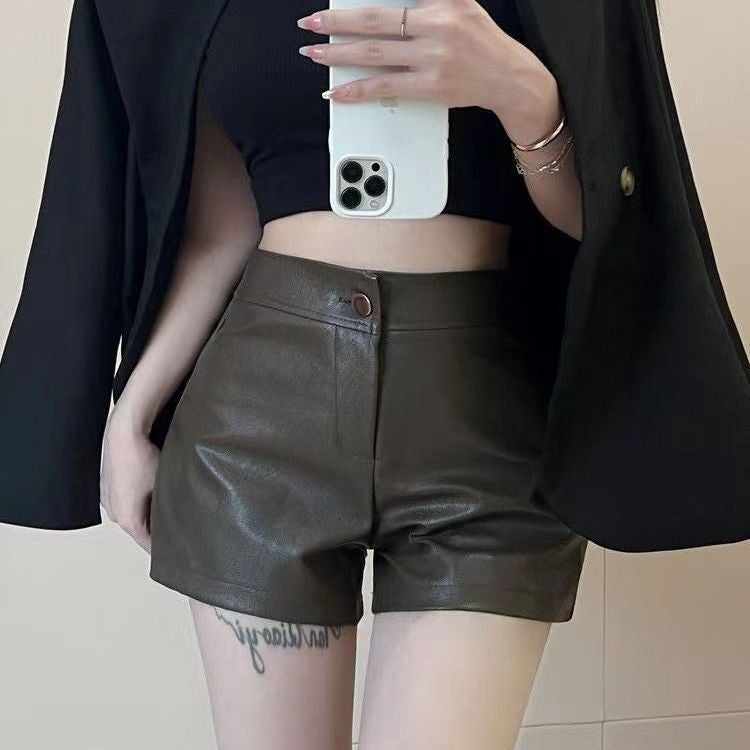 Khaki split puleather butt shorts autumn all-match high waist thin solid color underwear boots pants small leather pants 877# Military Green [Classic Deduction]]