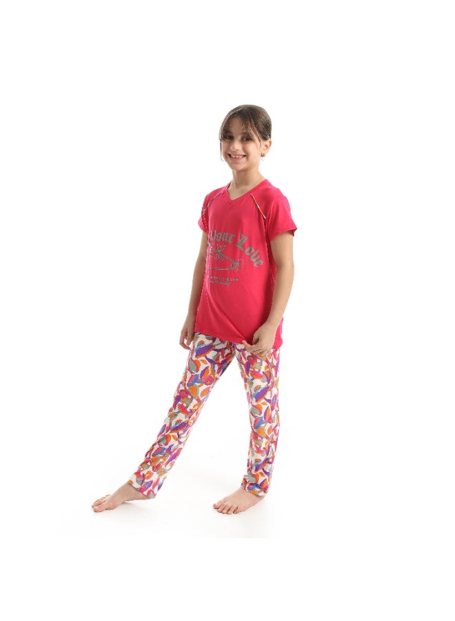 سيزار بيجامة بناتي صيفي مزودة بطباعات علي الصدر - Image 2