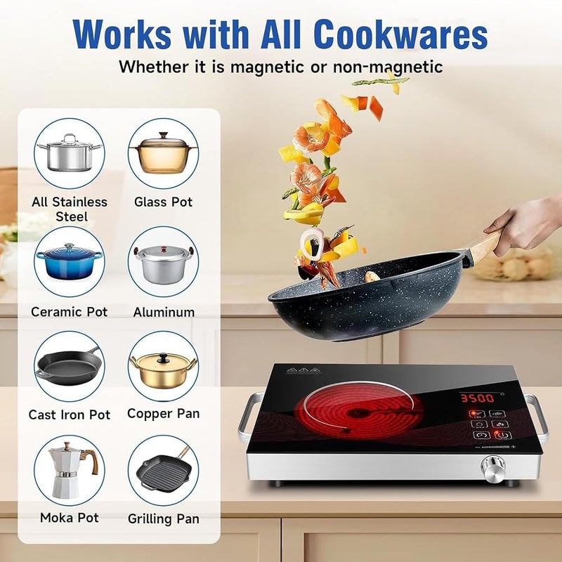 XVersion Infrared Cooker 3500W, Electric Ceramic Hot Plate with Adjustable Temperature and Handle, Single Burner Infrared Stove for Home Kitchen Cooking (Black) - Image 2